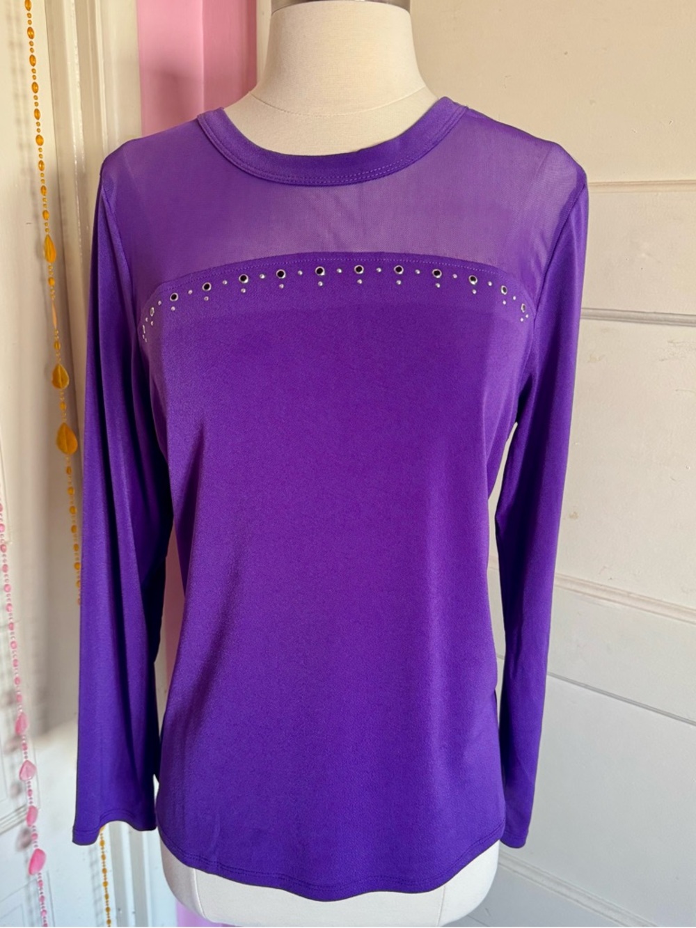 Notations Purple Studded Mesh Yoke Long Sleeve Top M Y2K